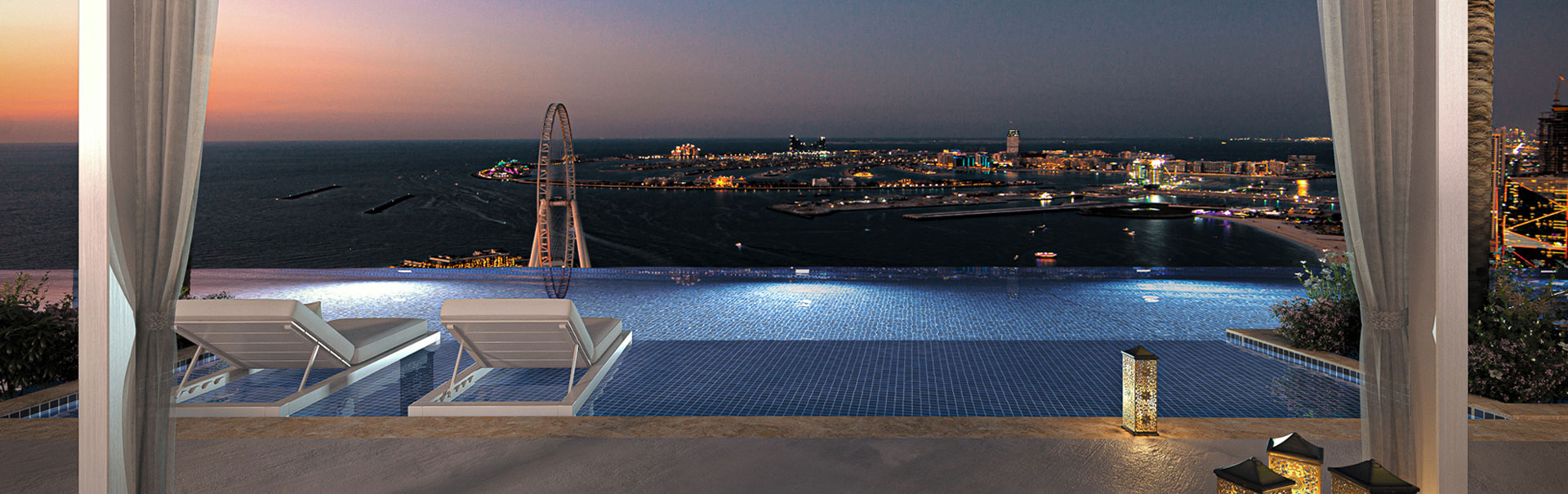 An aerial view of the W Residences Dubai luxury waterfront apartments located in Palm Jumeirah